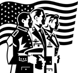 Drawinig of side-view of 2 men and 1 woman in military unifrorm - on background of US flag depicted as fluttering in the wind